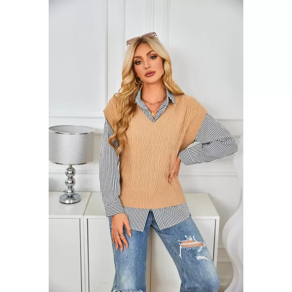 imageGRACE KARIN Womens V Neck Sweater Vest Ribbed Knit Casual Cap Sleeve Loose Fit Pullover Tops Fall Clothes 2024Khaki