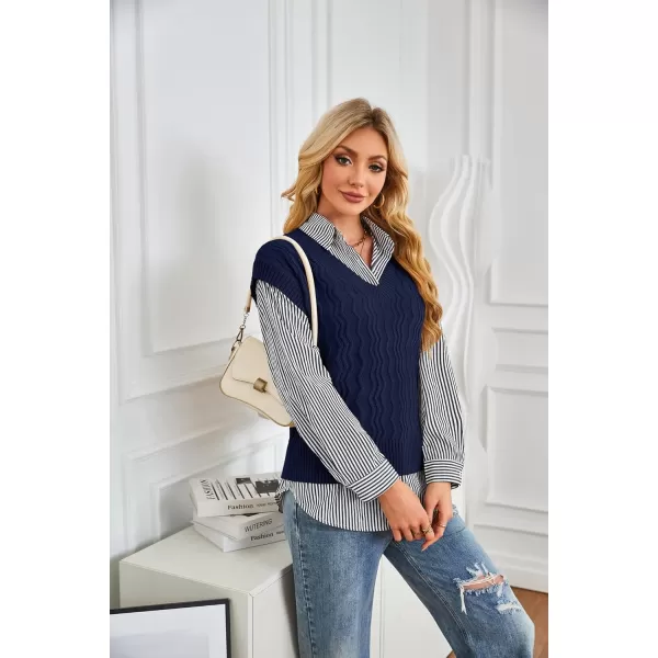 imageGRACE KARIN Womens V Neck Sweater Vest Ribbed Knit Casual Cap Sleeve Loose Fit Pullover Tops Fall Clothes 2024Navy Blue