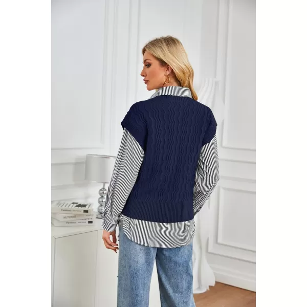 imageGRACE KARIN Womens V Neck Sweater Vest Ribbed Knit Casual Cap Sleeve Loose Fit Pullover Tops Fall Clothes 2024Navy Blue