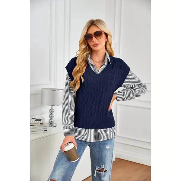 imageGRACE KARIN Womens V Neck Sweater Vest Ribbed Knit Casual Cap Sleeve Loose Fit Pullover Tops Fall Clothes 2024Navy Blue