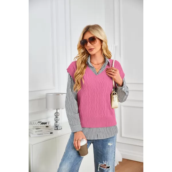 imageGRACE KARIN Womens V Neck Sweater Vest Ribbed Knit Casual Cap Sleeve Loose Fit Pullover Tops Fall Clothes 2024Pink