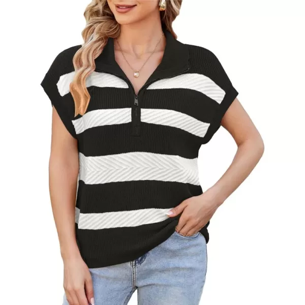 imageGRACE KARIN Womens Sleeveless Half Zip Sweaters Vest Summer Short Sleeve Sweater Casual Knit Pullover S2XLBlack Stripe