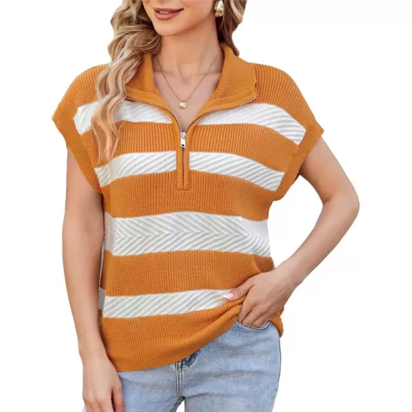 imageGRACE KARIN Womens Sleeveless Half Zip Sweaters Vest Summer Short Sleeve Sweater Casual Knit Pullover S2XLKhaki Stripe