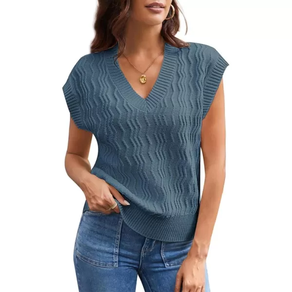 imageGRACE KARIN Womens V Neck Sweater Vest Ribbed Knit Casual Cap Sleeve Loose Fit Pullover Tops Fall Clothes 2024Blue Grey