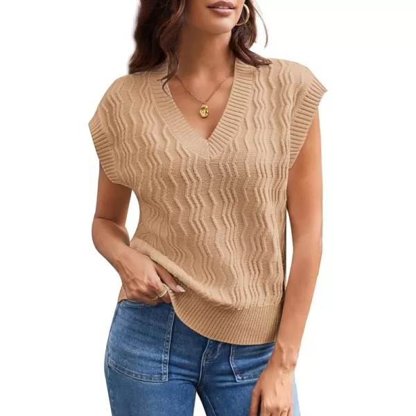 imageGRACE KARIN Womens V Neck Sweater Vest Ribbed Knit Casual Cap Sleeve Loose Fit Pullover Tops Fall Clothes 2024Khaki