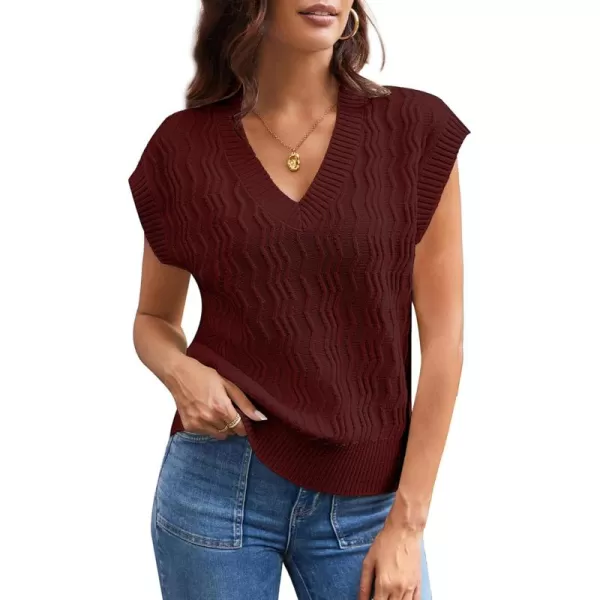 imageGRACE KARIN Womens V Neck Sweater Vest Ribbed Knit Casual Cap Sleeve Loose Fit Pullover Tops Fall Clothes 2024Wine Red