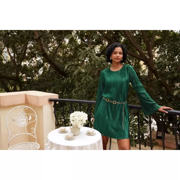 imageGRACE KARIN Dresses for Women Cocktail 2024 Formal Dresses Long Sleeve Short Dress Textured Loose Fit Belt Summer FallDark Green