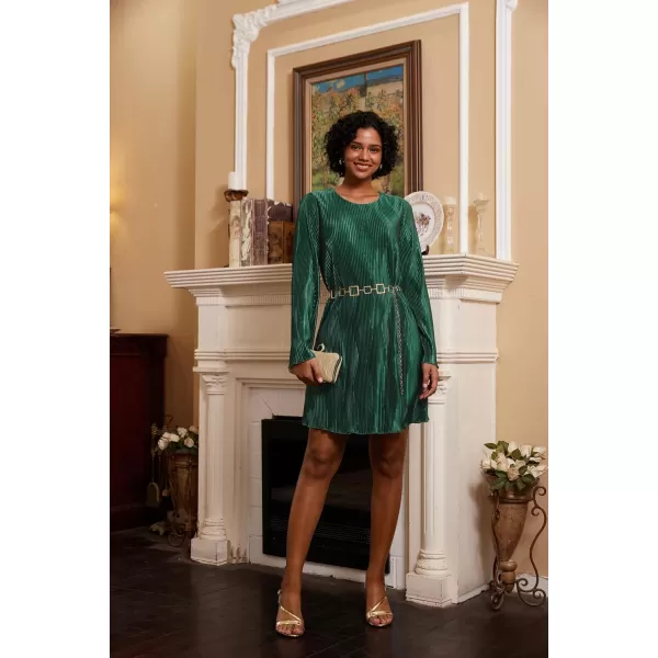 imageGRACE KARIN Dresses for Women Cocktail 2024 Formal Dresses Long Sleeve Short Dress Textured Loose Fit Belt Summer FallDark Green