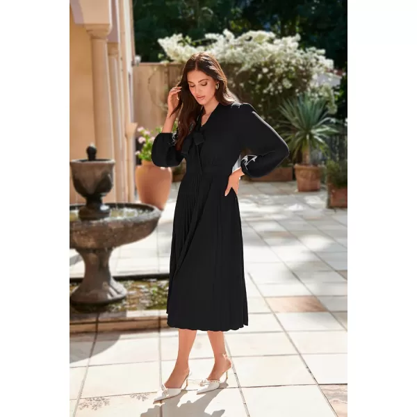 imageGRACE KARIN Womens 2024 Fall Long Sleeve Dress Casual V Neck Pleated A Line Flowy Midi DressesBlack