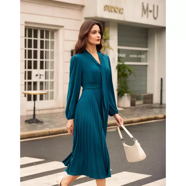 imageGRACE KARIN Womens 2024 Fall Long Sleeve Dress Casual V Neck Pleated A Line Flowy Midi DressesBlue Grey