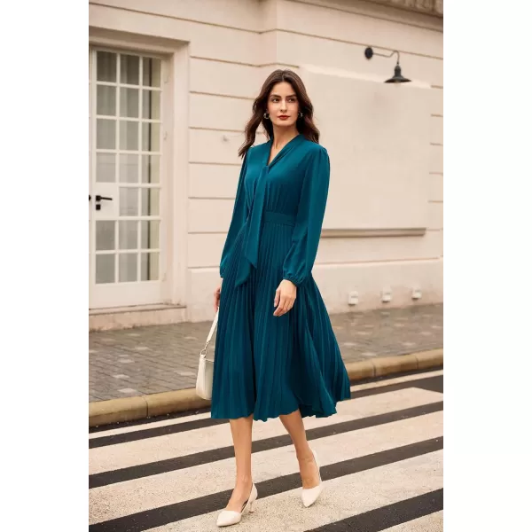 imageGRACE KARIN Womens 2024 Fall Long Sleeve Dress Casual V Neck Pleated A Line Flowy Midi DressesBlue Grey