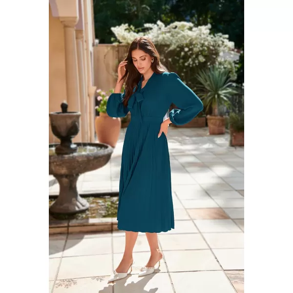 imageGRACE KARIN Womens 2024 Fall Long Sleeve Dress Casual V Neck Pleated A Line Flowy Midi DressesBlue Grey