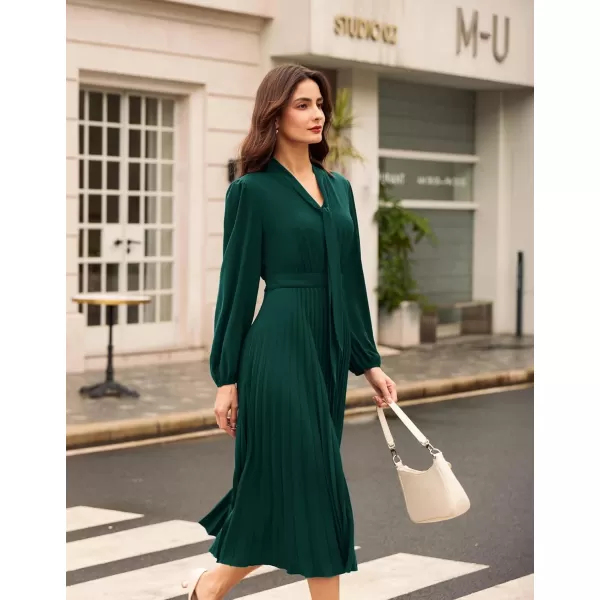imageGRACE KARIN Womens 2024 Fall Long Sleeve Dress Casual V Neck Pleated A Line Flowy Midi DressesDark Green