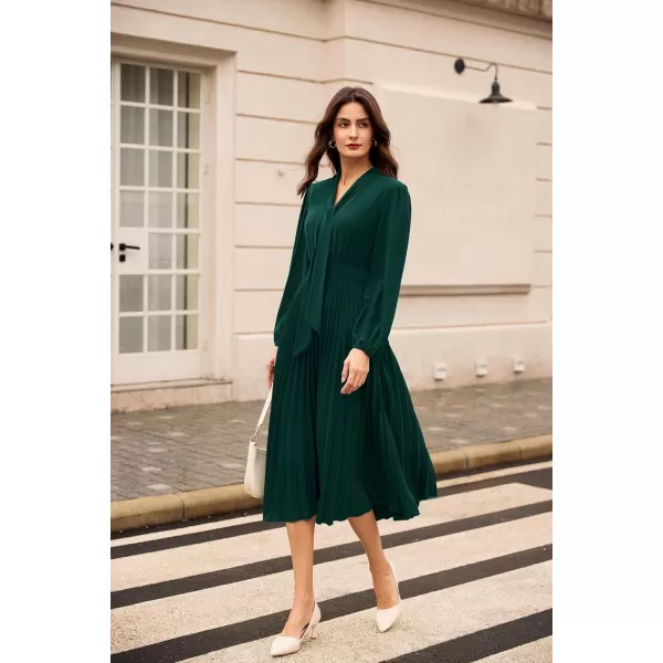 imageGRACE KARIN Womens 2024 Fall Long Sleeve Dress Casual V Neck Pleated A Line Flowy Midi DressesDark Green