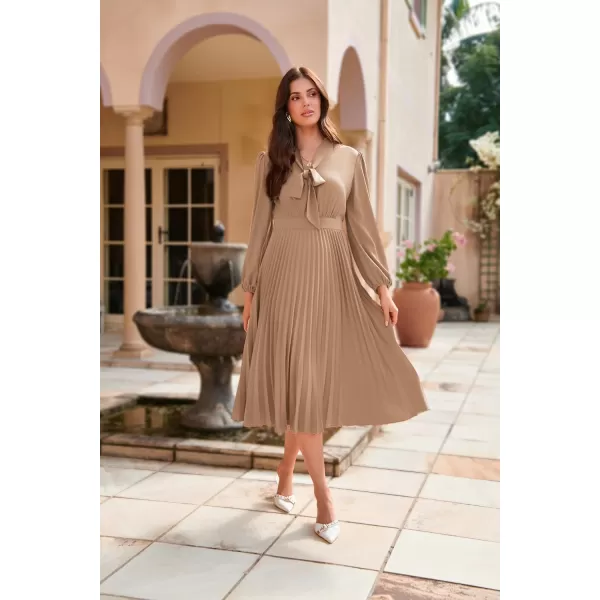 imageGRACE KARIN Womens 2024 Fall Long Sleeve Dress Casual V Neck Pleated A Line Flowy Midi DressesKhaki