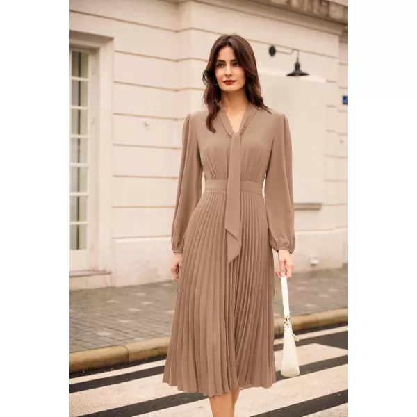 imageGRACE KARIN Womens 2024 Fall Long Sleeve Dress Casual V Neck Pleated A Line Flowy Midi DressesKhaki