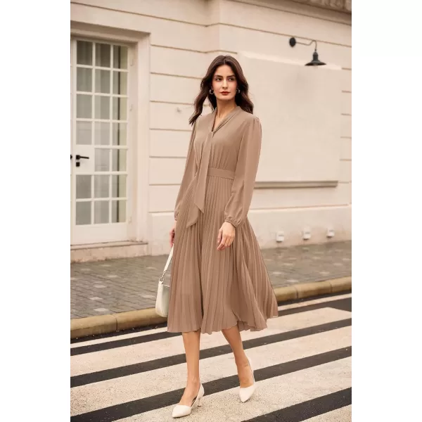 imageGRACE KARIN Womens 2024 Fall Long Sleeve Dress Casual V Neck Pleated A Line Flowy Midi DressesKhaki