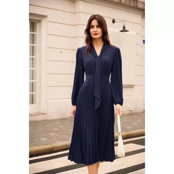 imageGRACE KARIN Womens 2024 Fall Long Sleeve Dress Casual V Neck Pleated A Line Flowy Midi DressesNavy Blue