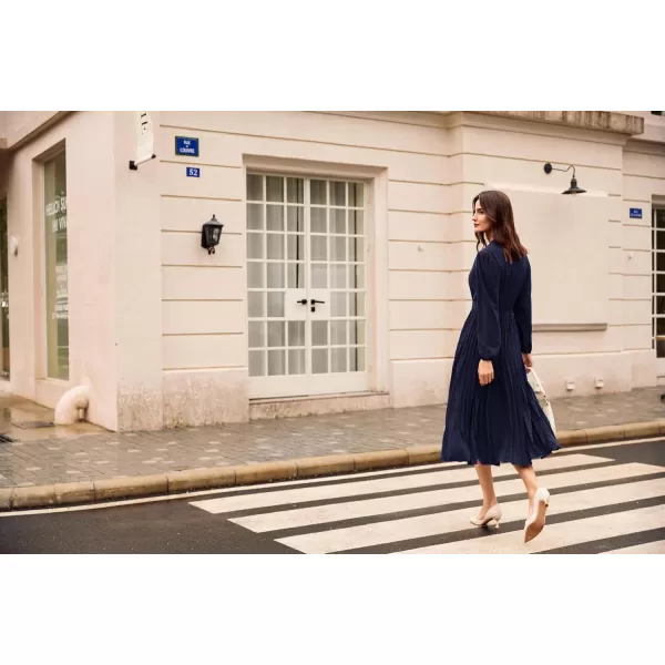 imageGRACE KARIN Womens 2024 Fall Long Sleeve Dress Casual V Neck Pleated A Line Flowy Midi DressesNavy Blue
