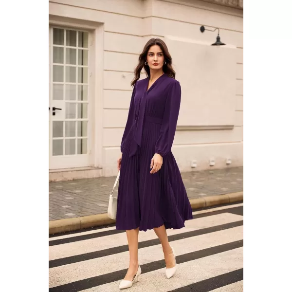 imageGRACE KARIN Womens 2024 Fall Long Sleeve Dress Casual V Neck Pleated A Line Flowy Midi DressesPurple