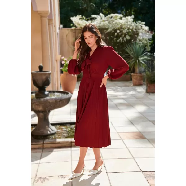 imageGRACE KARIN Womens 2024 Fall Long Sleeve Dress Casual V Neck Pleated A Line Flowy Midi DressesWine Red