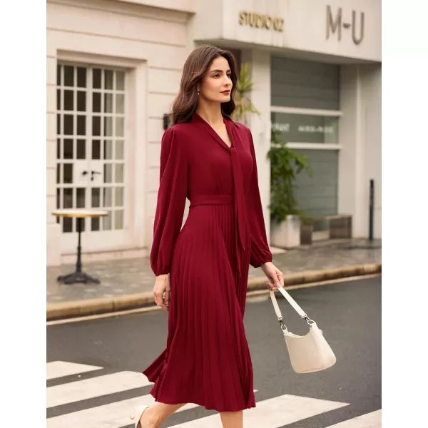 imageGRACE KARIN Womens 2024 Fall Long Sleeve Dress Casual V Neck Pleated A Line Flowy Midi DressesWine Red