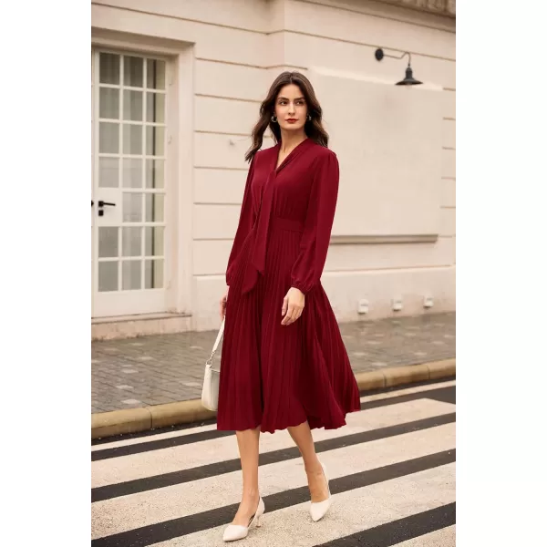 imageGRACE KARIN Womens 2024 Fall Long Sleeve Dress Casual V Neck Pleated A Line Flowy Midi DressesWine Red