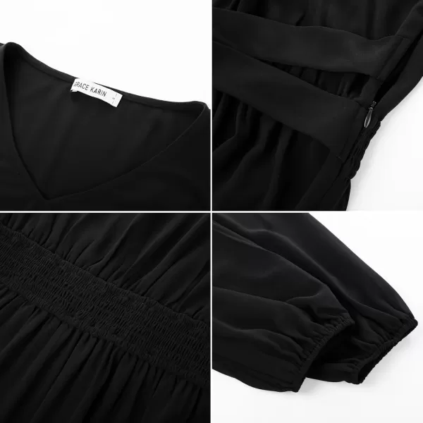 imageGRACE KARIN Womens Chiffon Dresses V Neck Long Sleeve Smocked Waist ALine Midi Length Wedding Guest DressBlack