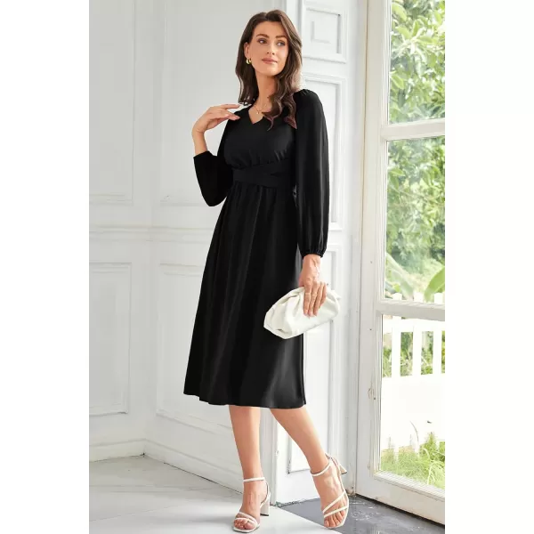 imageGRACE KARIN Womens Chiffon Dresses V Neck Long Sleeve Smocked Waist ALine Midi Length Wedding Guest DressBlack