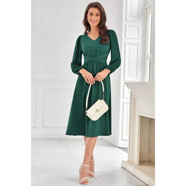 imageGRACE KARIN Womens Chiffon Dresses V Neck Long Sleeve Smocked Waist ALine Midi Length Wedding Guest DressDark Green