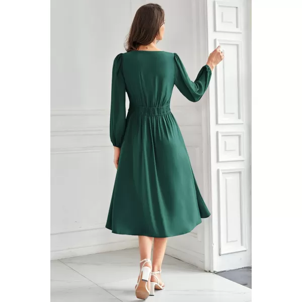 imageGRACE KARIN Womens Chiffon Dresses V Neck Long Sleeve Smocked Waist ALine Midi Length Wedding Guest DressDark Green