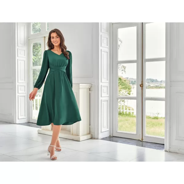 imageGRACE KARIN Womens Chiffon Dresses V Neck Long Sleeve Smocked Waist ALine Midi Length Wedding Guest DressDark Green