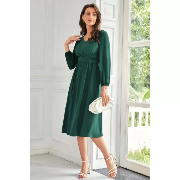 imageGRACE KARIN Womens Chiffon Dresses V Neck Long Sleeve Smocked Waist ALine Midi Length Wedding Guest DressDark Green