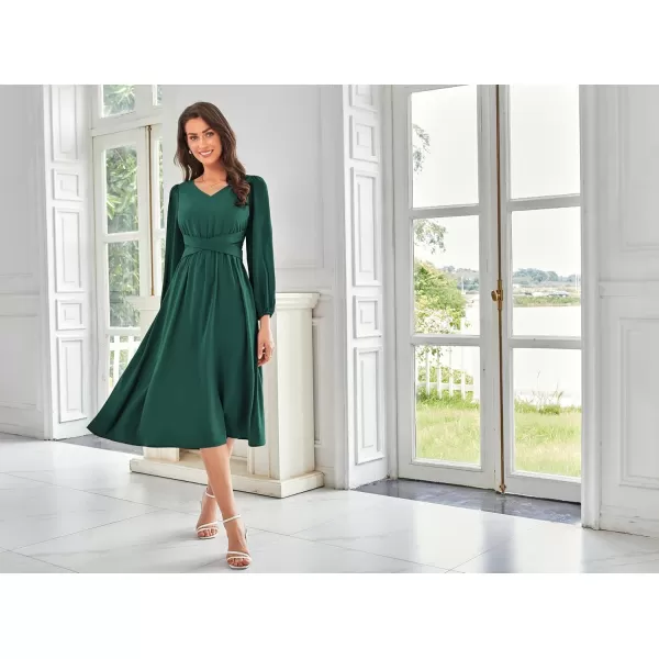 imageGRACE KARIN Womens Chiffon Dresses V Neck Long Sleeve Smocked Waist ALine Midi Length Wedding Guest DressDark Green