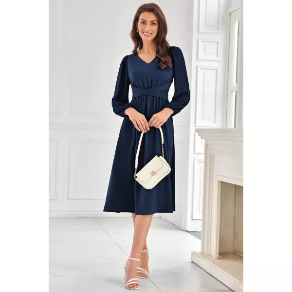 imageGRACE KARIN Womens Chiffon Dresses V Neck Long Sleeve Smocked Waist ALine Midi Length Wedding Guest DressNavy