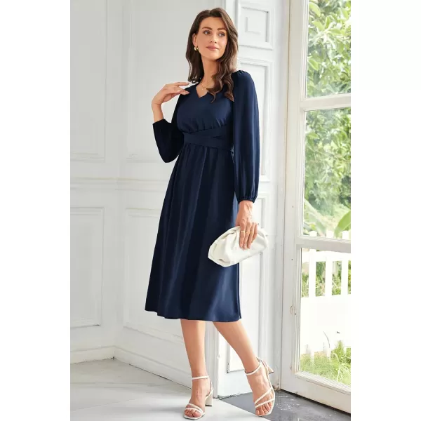 imageGRACE KARIN Womens Chiffon Dresses V Neck Long Sleeve Smocked Waist ALine Midi Length Wedding Guest DressNavy