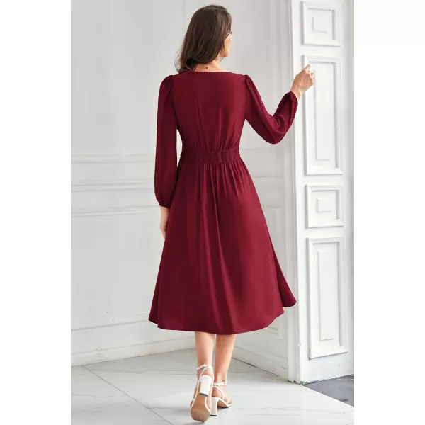 imageGRACE KARIN Womens Chiffon Dresses V Neck Long Sleeve Smocked Waist ALine Midi Length Wedding Guest DressWine Red