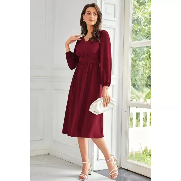 imageGRACE KARIN Womens Chiffon Dresses V Neck Long Sleeve Smocked Waist ALine Midi Length Wedding Guest DressWine Red