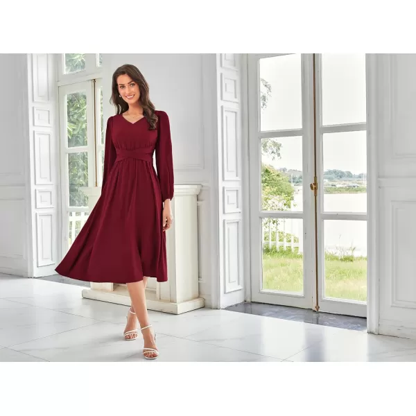 imageGRACE KARIN Womens Chiffon Dresses V Neck Long Sleeve Smocked Waist ALine Midi Length Wedding Guest DressWine Red