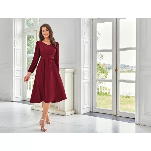 imageGRACE KARIN Womens Chiffon Dresses V Neck Long Sleeve Smocked Waist ALine Midi Length Wedding Guest DressWine Red