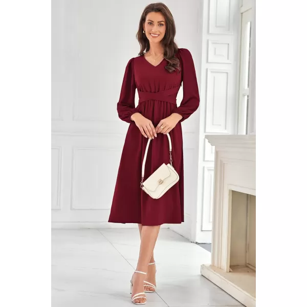 imageGRACE KARIN Womens Chiffon Dresses V Neck Long Sleeve Smocked Waist ALine Midi Length Wedding Guest DressWine Red