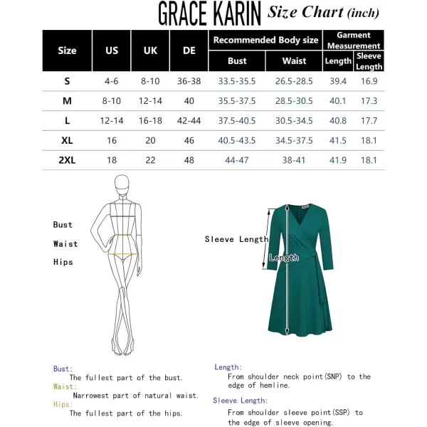 imageGRACE KARIN Womens Cocktail Dress Faux Wrap V Neck Pleated 34 Sleeve Stretchy Midi A Line Wedding Guest DressBlack