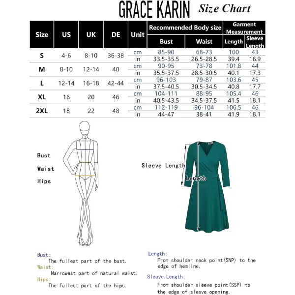 imageGRACE KARIN Womens Cocktail Dress Faux Wrap V Neck Pleated 34 Sleeve Stretchy Midi A Line Wedding Guest DressHot Pink