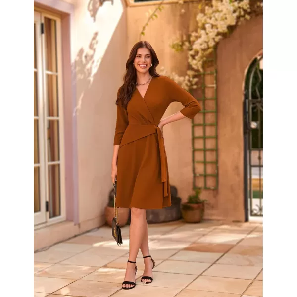 imageGRACE KARIN Womens Cocktail Dress Faux Wrap V Neck Pleated 34 Sleeve Stretchy Midi A Line Wedding Guest DressPumpkin