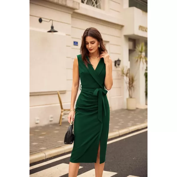 imageGRACE KARIN Womens Wear to Work Dress 2025 Surplice Neck Sleeveless Ruched Wrap Office Pencil DressesDark Green