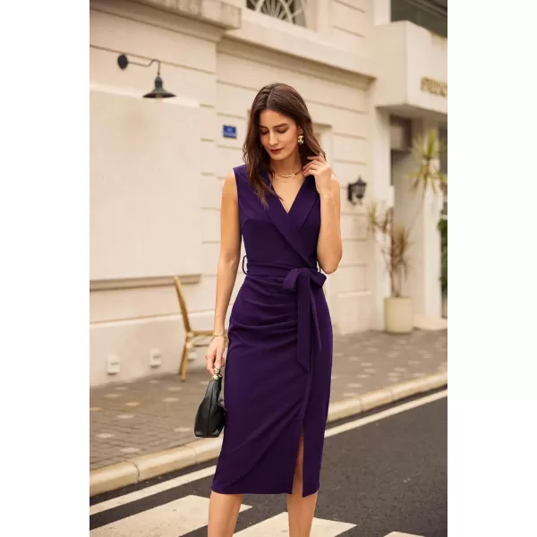 imageGRACE KARIN Womens Wear to Work Dress 2025 Surplice Neck Sleeveless Ruched Wrap Office Pencil DressesDark Purple