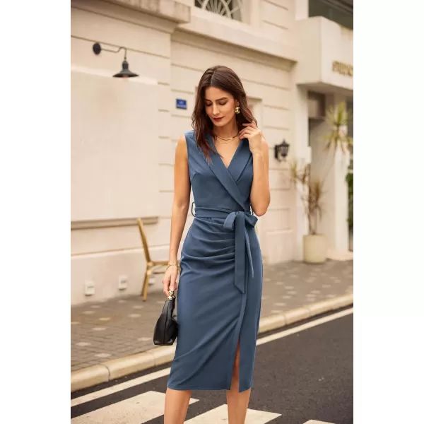 imageGRACE KARIN Womens Wear to Work Dress 2025 Surplice Neck Sleeveless Ruched Wrap Office Pencil DressesGray Blue