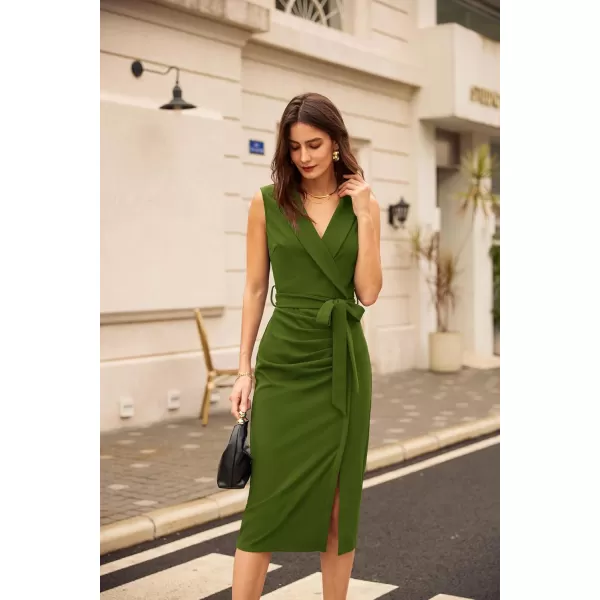 imageGRACE KARIN Womens Wear to Work Dress 2025 Surplice Neck Sleeveless Ruched Wrap Office Pencil DressesOlive Green