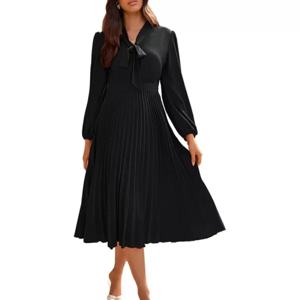 imageGRACE KARIN Womens 2024 Fall Long Sleeve Dress Casual V Neck Pleated A Line Flowy Midi DressesBlack