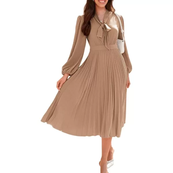 imageGRACE KARIN Womens 2024 Fall Long Sleeve Dress Casual V Neck Pleated A Line Flowy Midi DressesKhaki